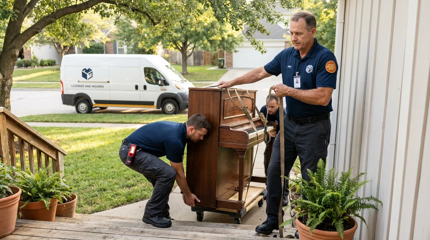 Licensed piano movers securing grand piano in Greenville, ME