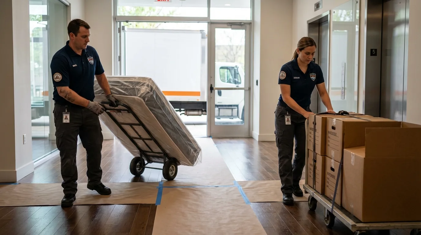 Professional apartment movers loading elevator in Greenville, ME