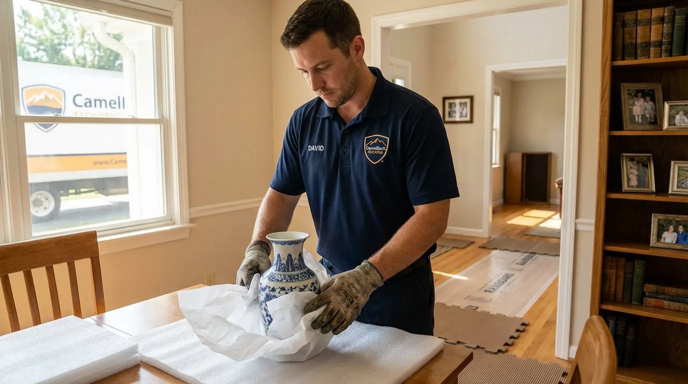 Professional crew carefully wrapping antique vase for senior downsizing move in Greenville, ME