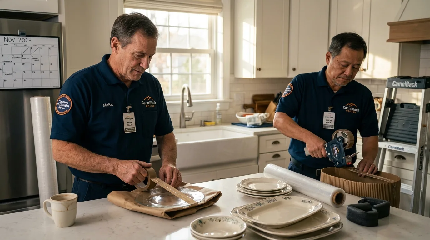 Professional crew packing kitchen dishware in Greenville, ME